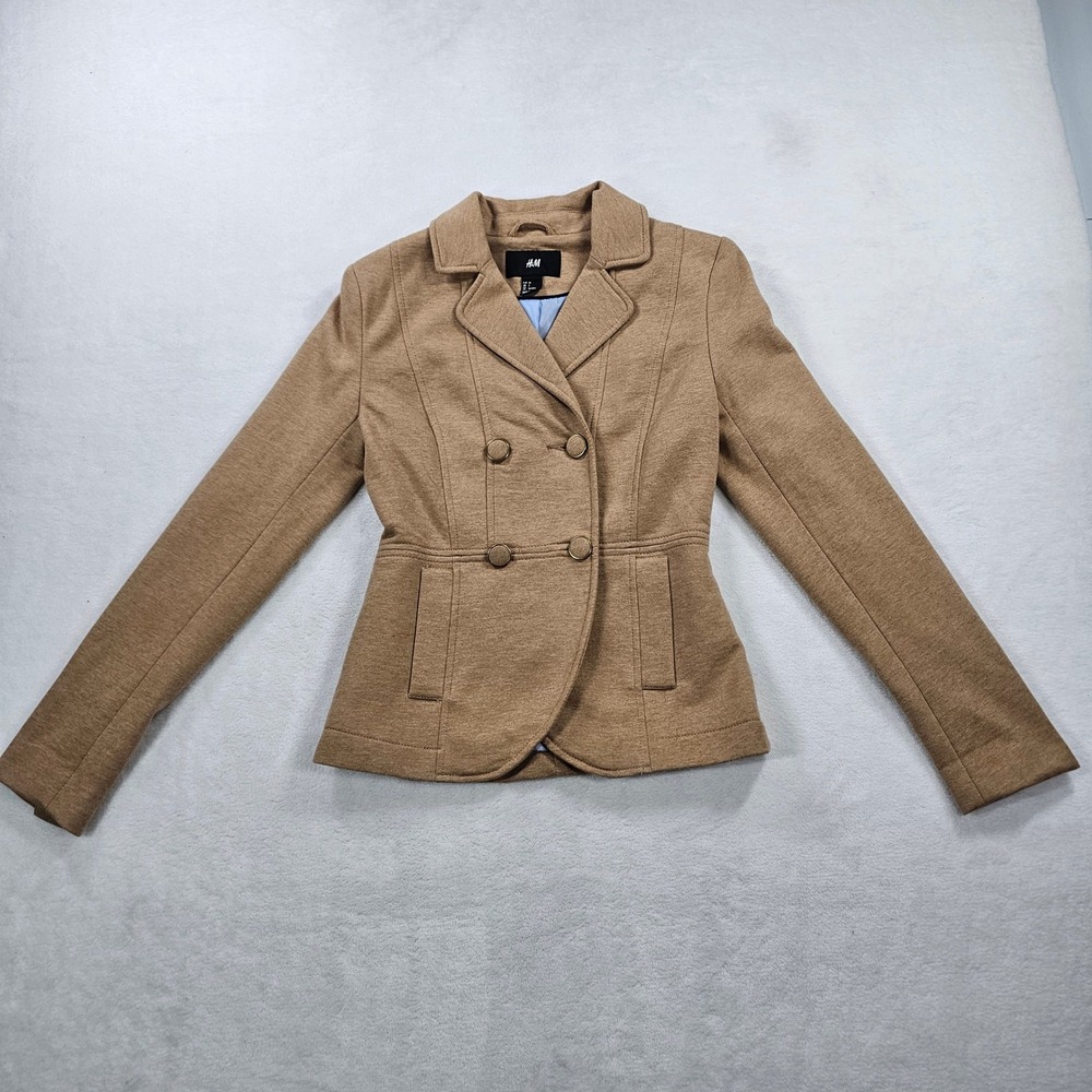 H&M Blazer Womens 4 Camel Tan Excellent Double Breasted Jersey Peplum Jacket